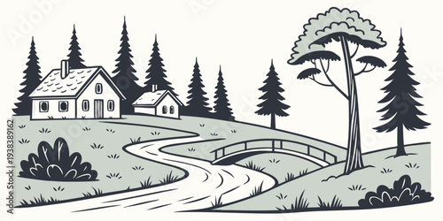 A serene landscape with winding paths and a small village nestled among trees Vector