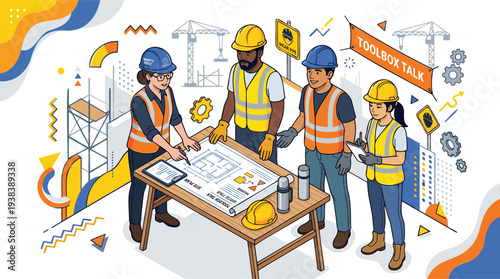 Diverse Construction Team Planning Blueprint, Toolbox Talk for Building Project Safety, Engineering. Flat Isometric Vector Illustration with Bold Colors, Customizable.