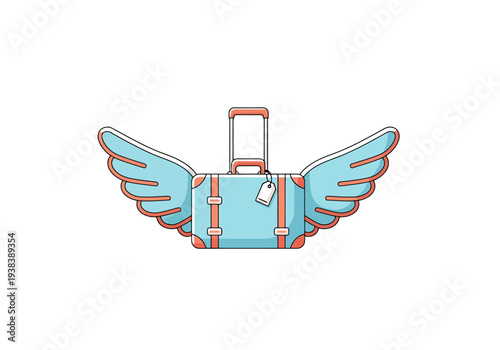 Light Blue Travel Suitcase With Wings Extended Ready For Departure Isolated On White Background