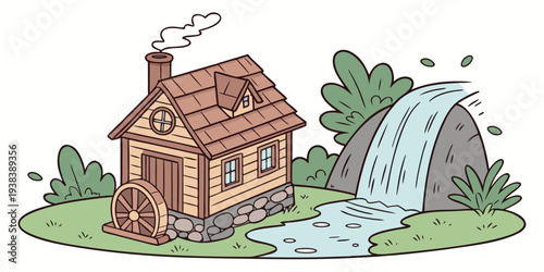 A charming cottage nestled in a lush green landscape with a waterfall nearby Vector