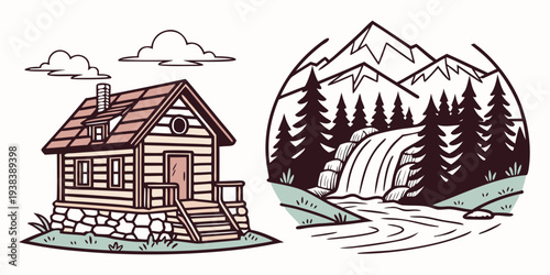 A serene mountain landscape with a small cabin nestled in the woods. Vector