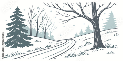 Majestic winter landscape with snow-covered trees and a serene frozen river Vector