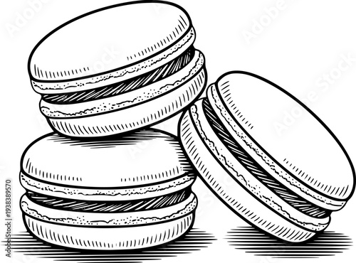 Black and white line of stacked macarons a white background french cookie