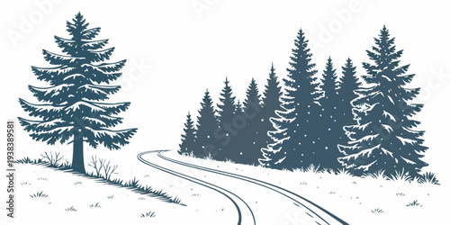 A serene winter landscape with snow-covered trees and a winding path. Vector
