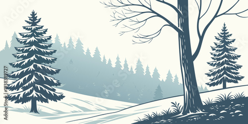 A serene winter landscape with snow-covered trees and a calm, frozen river. Vector