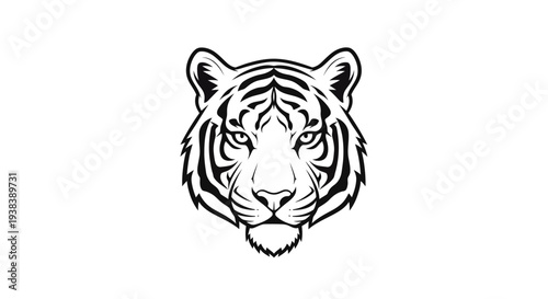 Tiger Face Closeup Black White Illustration.