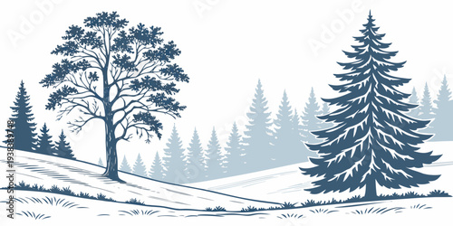 A serene winter landscape with snow-covered trees and a peaceful atmosphere Vector