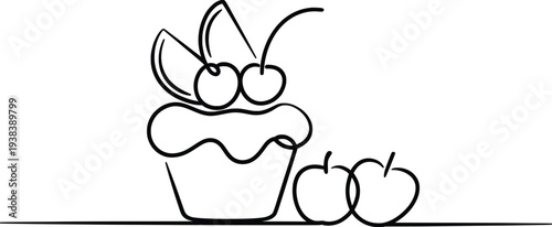 Cute Cupcake with Cherries and Apples Line Art Illustration, Simple Dessert Outline Drawing.