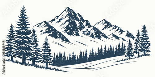 Majestic mountain range with snow-capped peaks and dense forest below. Vector