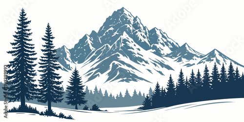 Majestic mountain range with snow capped peaks and dense forest below Vector