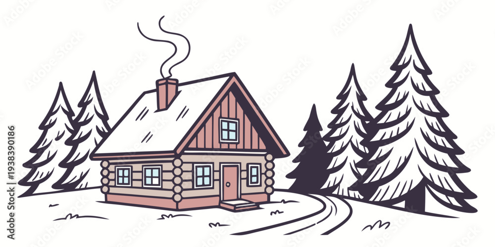 Obraz premium A cozy cabin nestled in the woods with a warm chimney and tall pine trees around it. Vector