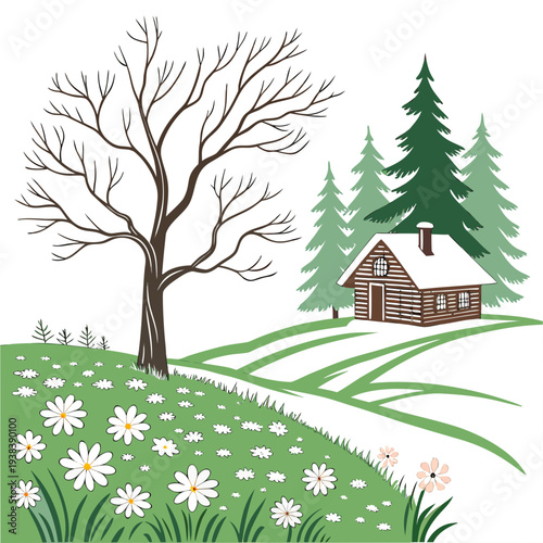 A serene countryside scene with a house, trees, and a field of flowers Vector