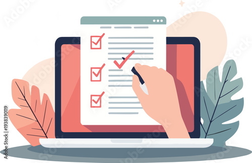 Finestra del browser dell'elenco di controllo. Segno di spunta. Segno di spunta bianco sullo schermo del laptop. Scelta, concetti di indagine. Elementi per banner web, siti web, vettoriale