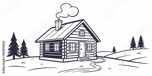 A charming log cabin nestled in a serene, snow-covered landscape with a cozy chimney smoke Vector