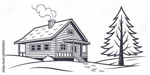 A cozy log cabin nestled between two tall pine trees under a cloudy sky. Vector