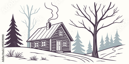 A serene winter scene with a cozy cabin nestled among tall pine trees Vector