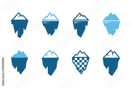 Collection of stylized icebergs with mountain peaks and water reflections in various blue shades