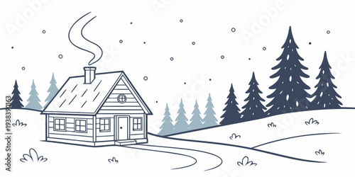 A cozy cabin surrounded by snow and trees in a winter wonderland Vector