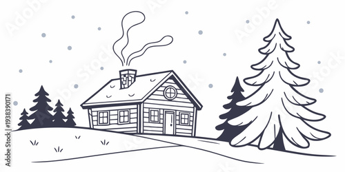 A charming winter scene with a cozy cabin nestled among tall pine trees Vector