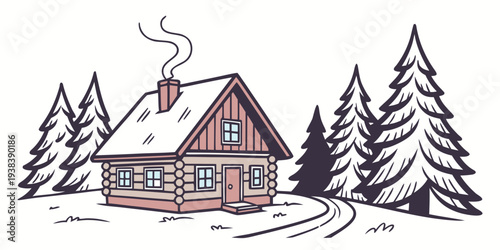 A cozy cabin nestled in the woods with a warm chimney and tall pine trees around it. Vector