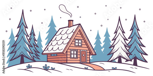 A charming winter cabin nestled in a snowy forest surrounded by tall pine trees. Vector