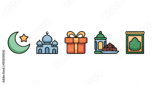 Ramadan kareem icons with mosque gift dates lantern and calendar