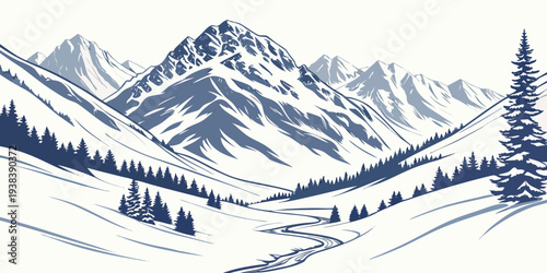Majestic snow-covered mountains with a winding river in the valley below Vector