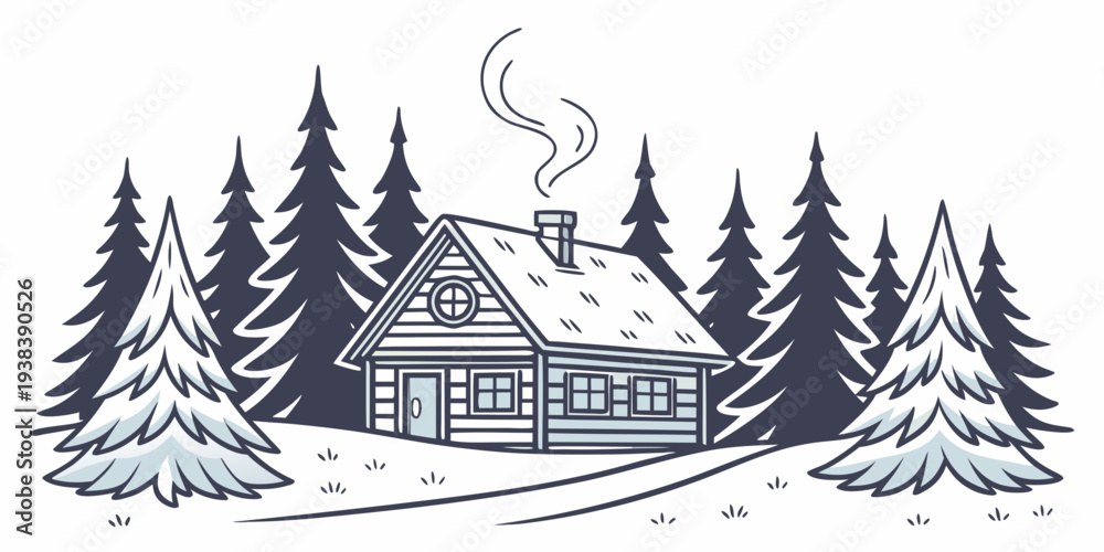 Obraz premium A quaint log cabin nestled in the heart of a serene forest with snow-covered trees Vector