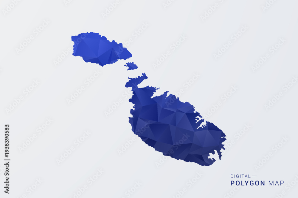 Fototapeta premium Malta Map - Polygon Style Vector Illustration in Deep Blue Gradient, Low Poly Geometric Design, Clean Silhouette Isolated on White Background for Infographics.