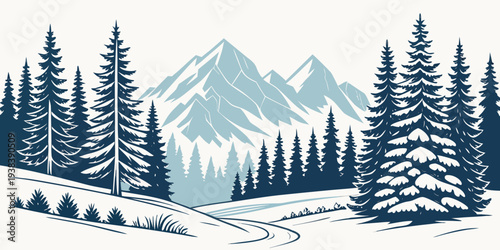 A serene winter landscape with snow-covered trees and majestic mountains in the background Vector