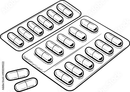 Hand Drawn Black And White Of Medicine Capsules In Blister Packs White Background