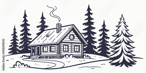 A charming cabin nestled in the woods with a cozy fireplace and surrounded by tall trees Vector
