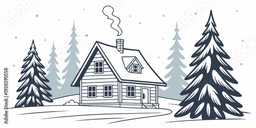 A charming winter scene with a cozy house surrounded by snow-covered trees. Vector