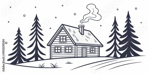 A serene winter scene with a cozy cabin surrounded by tall pine trees and a gentle snowfall Vector