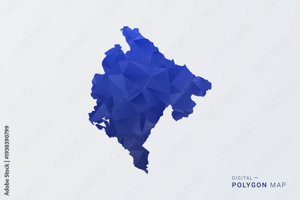 Fototapeta premium Montenegro Map - Polygon Style Vector Illustration in Deep Blue Gradient, Low Poly Geometric Design, Clean Silhouette Isolated on White Background for Infographics.