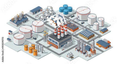 Industrial complex with factories and storage tanks illustration.