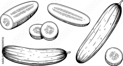 Hand drawn black and white of whole and sliced cucumbers white background vegetable