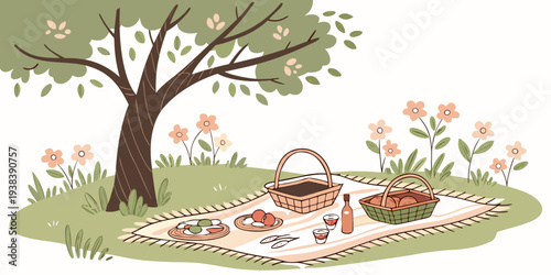 A serene picnic scene under a blooming tree with a basket and blanket. Vector