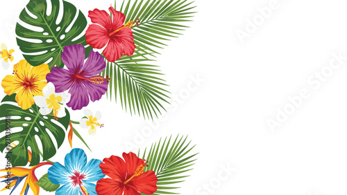 Vibrant tropical hibiscus flowers in red, yellow, purple, and blue are arranged with lush green palm and monstera leaves as a side border.