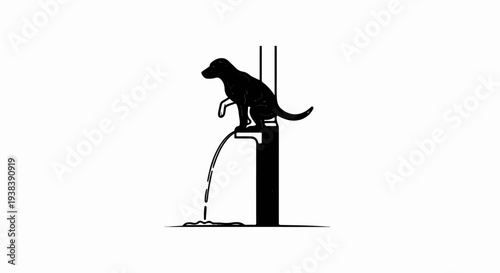 Black silhouette of dog urinating on a post with water splashing