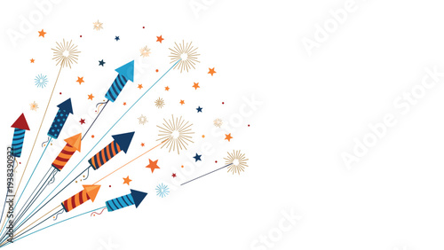 Burst of colorful firework rockets, stars, and sparklers is clustered in the bottom left corner of a wide white background.