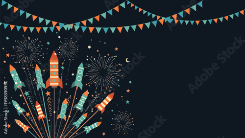 Festive dark blue background is decorated with colorful space rockets, fireworks, stars, and strands of triangular flag bunting.