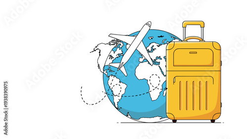 Large yellow suitcase stands next to a blue globe with an airplane flying across it, symbolizing global travel and vacation.