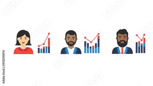 Three diverse people are shown as headshots next to individual bar and line charts, suggesting business analytics and team performance.