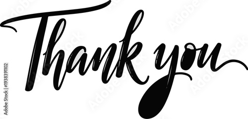 Elegant black cursive calligraphy spells out "Thank you" with stylish flourishes
