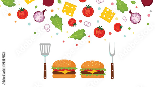Two delicious hamburgers with cheese and lettuce are shown with fresh ingredients like tomatoes and onions falling from above.
