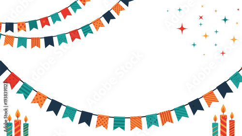 White background is decorated with colorful bunting flags, stars, and birthday candles at the bottom, creating a celebratory atmosphere.