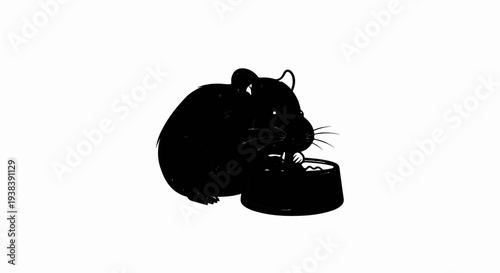 A black silhouette of a hamster eating from a small bowl