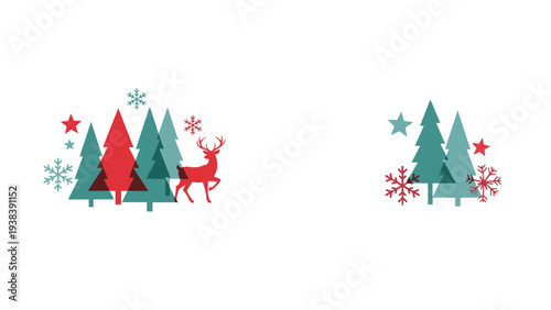 Minimalist winter scene illustration featuring stylized evergreen pine trees in red and teal alongside a reindeer and snowflakes.