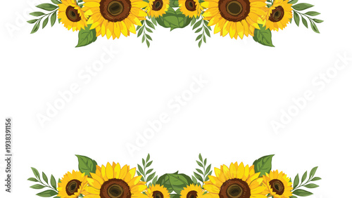 Symmetrical floral borders made of bright yellow sunflowers and green leaves frame the top and bottom edges of a white background.